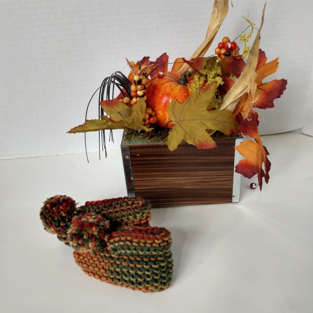 Hand Crafted Baby Slippers Boots Shoes Pompom Knit Browns Greens Orange Fall - Picture 7 of 11